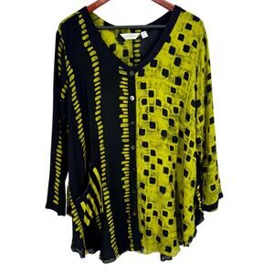 Lynz Sz Medium Green Black Wearable Art Blouse Shirt Top Unique Abstract Artsy